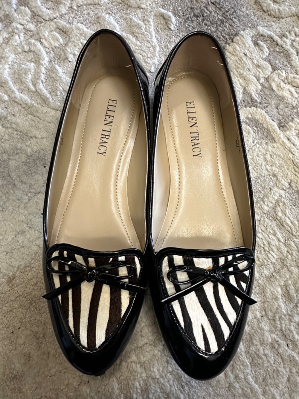 Ellen Tracy Black Patent Loafers with Zebra Accent